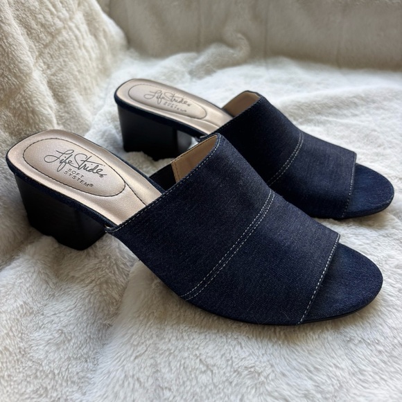 Life Stride Shoes - LifeStride Soft System Denim Mules Block Heel Black Blue Size 9M Slip On
